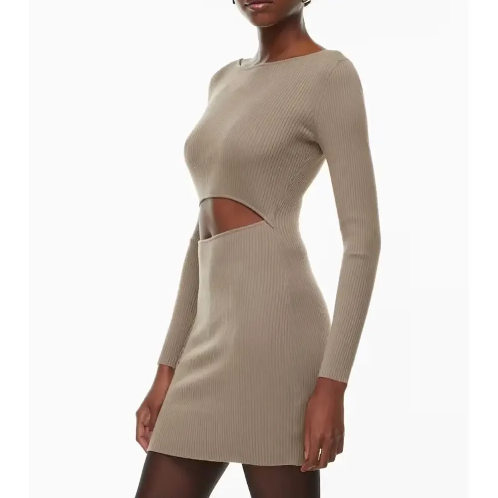 Wilfred Aritzia Women's Cutout Knit Longsleeve Mini Dress Nomad Taupe Size S